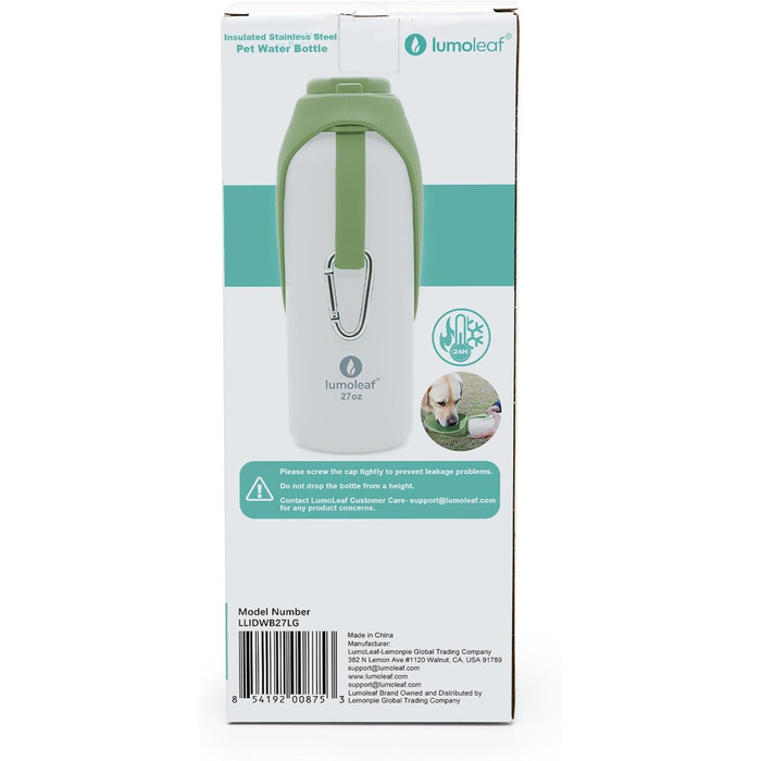 LumoLeaf Ізольована термофляга для собак, 800 мл - Зберігає воду холодною або теплою годинами, міцна та портативна для подорожей, широке горлечко для зручного наповнення та миття (Зелена, 800 мл)