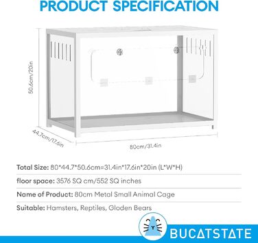BUCATSTATE металевий клітка для хом'яків 80×44,7×50,6 см, багаторівнева, з глибокою піддоном, для гризунів і рептилій, 150 л, біла