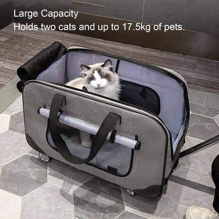 Транспортна переноска для собак, складана, велика, з колесами та телескопічною ручкою. Підходить для котів та собак до 17,5 кг (сіра)