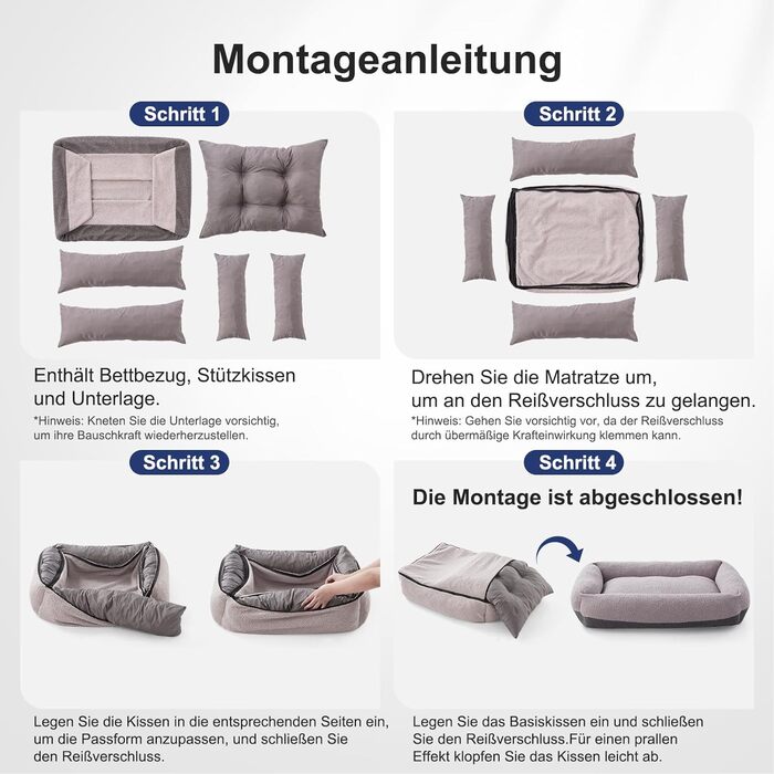 Крісло-лежанка для собак великих порід, XXL, світло-сіре, 106x76x20 см, знімний чохол, неслизьке, з підковою для шиї