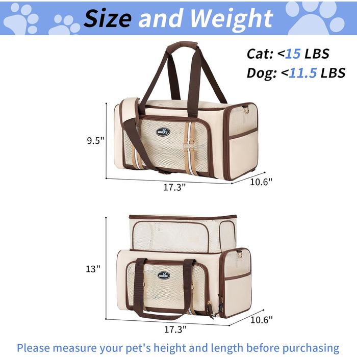 Транспортна сумка для котів Wakytu, схвалена авіакомпаніями, розширювана, м'яка переноска для кошенят та маленьких собак з великим килимком