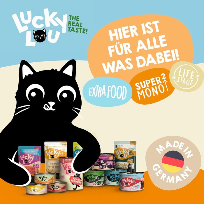 Подарунковий набір кормів Lucky Lou для котів: вологий, сухий та ласощі без зерна та цукру, мікс смаків (125 г, 6 шт)