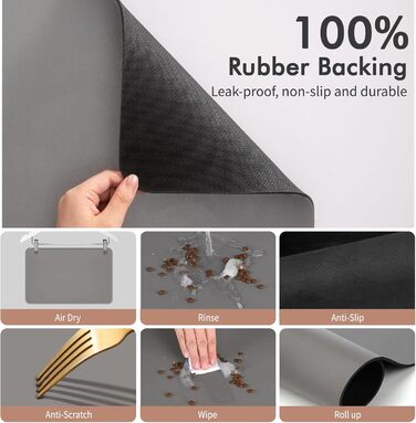 Підкладка під миску для собак та котів, нековзна, 60 x 150 см, сірий колір