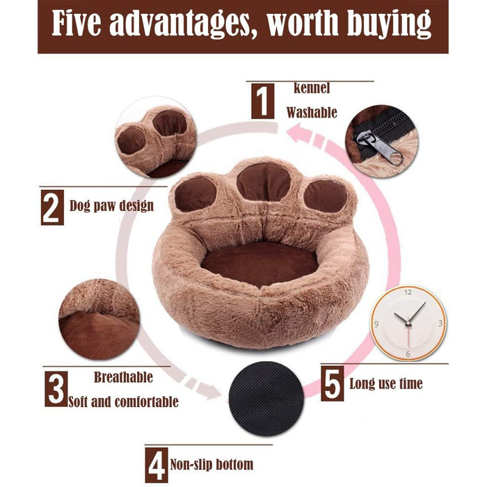 Кругле ліжко для собак FANSU з м'якого плюшу, антиковзаюча база, ліжко для котів з дизайном лапки ведмедя, розмір та колір обираються (Хакі, L)