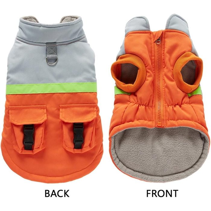 Водонепроникна тепла куртка для собак маленьких та середніх порід. Зігріваючий зимовий одяг для собак, захисна жилетка з отвором для повідка та кишенями. Відбиваюча куртка (Помаранчевий/Сірий, S)