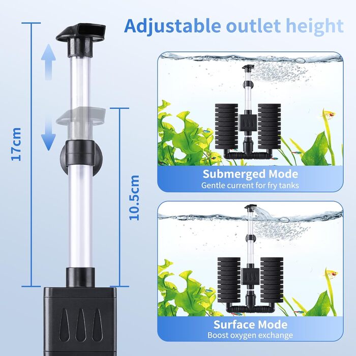 AQQA Фільтр для акваріума, електричний внутрішній фільтр для акваріума, тихий губчастий фільтр з водяним насосом 190 л/год, біологічне та механічне фільтрування, для акваріумів до 210 л (5 Вт)