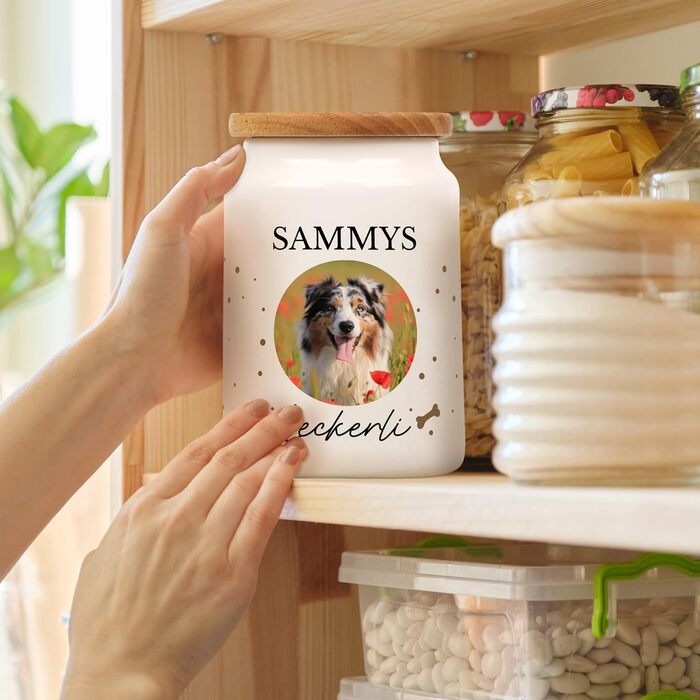 Керамічна банка для ласощів з дерев'яною кришкою - персоналізована з фото та ім'ям - для собак, котів та інших домашніх тварин. Чудова ідея для подарунка