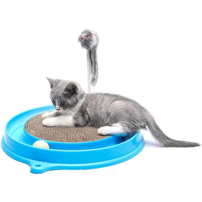 Кігтеточка для котів з м'ячиком та іграшковою мишкою - інтерактивна іграшка для кошенят, тренування та розваги. Ігровий мат для котів, синій.