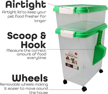 DIVCHI Контейнер для зберігання корму для тварин, 3 шт. з мірною ложкою, для собак, котів, корму, з роликами, зелений
