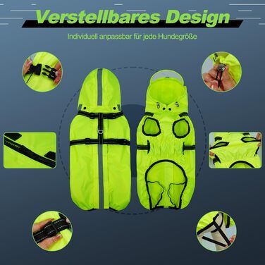 Водонепроникний дощовик для собак OUOBOB з відкидною капюшоном та світловідбиваючими смугами, H-подібне кріплення, розмір M, колір: Neon Green