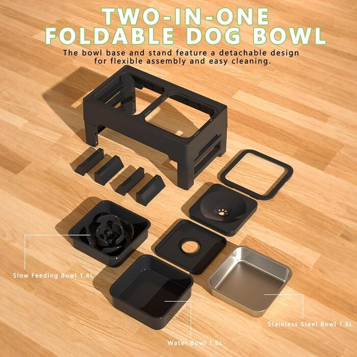 Підвищений годівниця для собак з регульованою висотою, 1600 мл, нержавіюча сталь, антизадушливий та повільне годування, для собак маленьких, середніх та великих порід