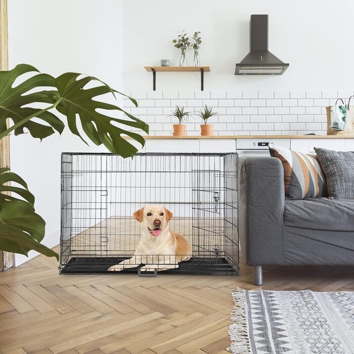 Клітка для собак Relaxdays, для дому та автомобіля, HBT: 87 x 122 x 80 см, складана собача будка з дном, 2 двері, ручка, сталь, чорна L 80 x B 122 x H 87 см