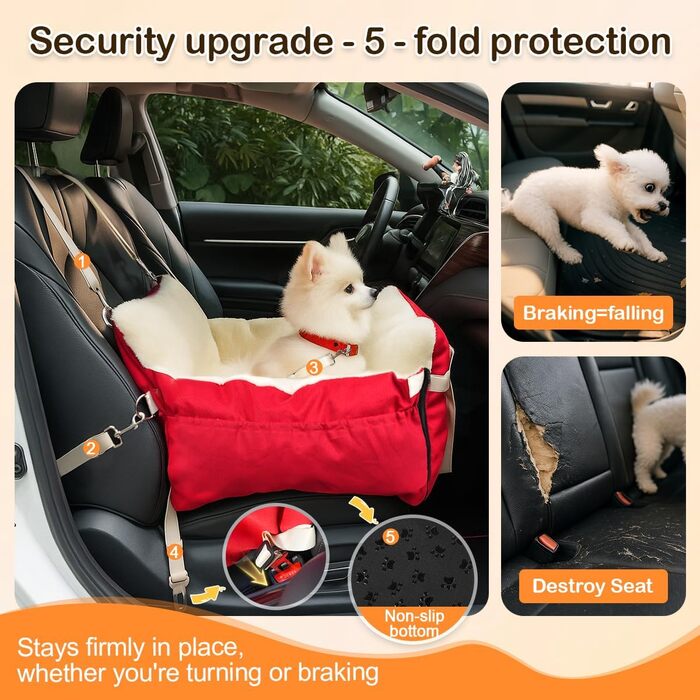 Автокрісло для собак 3-в-1 - переносна ліжко для маленьких собак, з розширеною лежачою поверхнею та м'яким матрацом, для переднього або заднього сидіння, внутрішнє та зовнішнє використання (червоний)
