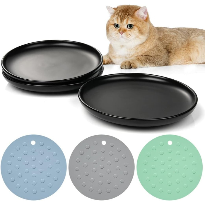 Керамічні годівниці для котів, 3 шт. з антиковзними килимками, широкі та плоскі миски для котів та кошенят, білий (чорний)