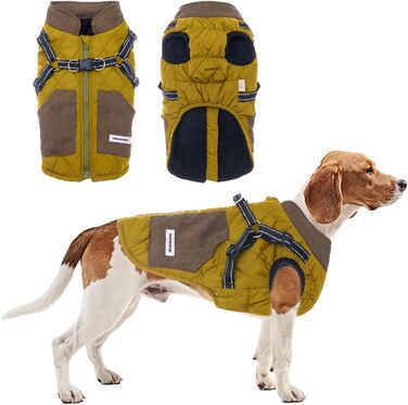 Зимова куртка для собак з інтегрованим шлейкою, кишені, світловідбиваючі смуги, подвійне D-подібне кільце, тепла жилетка для собак у стилі пэтчворк (XL, гірчичний)