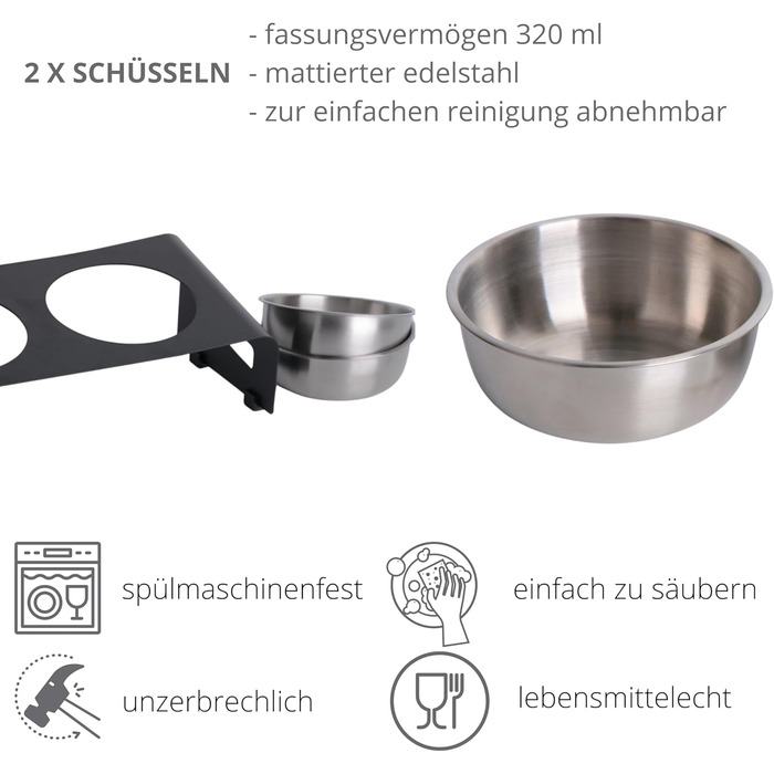 Підставка для корму PETLINUS для котів, піднята годівниця, ергономічна миска для котів, миска для котів з нержавіючої сталі та металу, годівниця для котів та маленьких собак (Чорний - Нахилена)