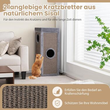 Кігтеточка GYMAX 40x40x99 см, 4-ярусна кігтеточка-будиночок з 3 печерами, знімні плюшеві подушки та 2 когтеточки, стійка кігтеточка для котів, сіра