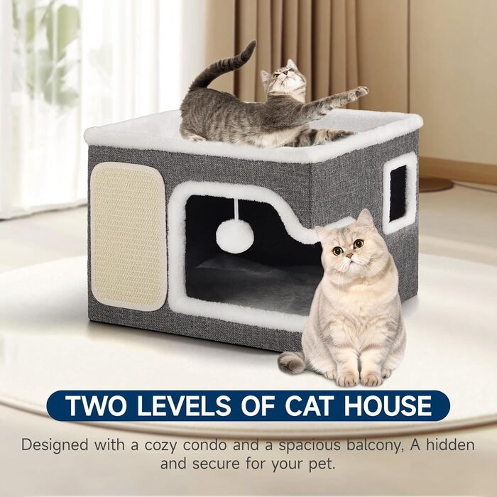 Кігтеточка-будиночок для котів Shikha, 2-ярусна, сіра, XXL, з ігровим м'ячиком, 61x45x32 см