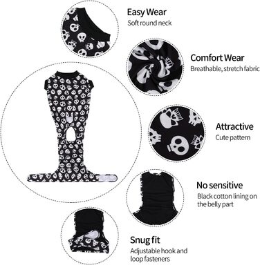 Комбінезон для собак та котів CuteBone Skulls післяопераційний, середній, для захисту ран, SSF05M-DE