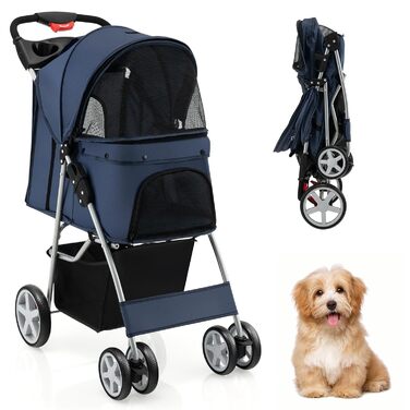 Собачий візок SOARS для собак та котів до 15 кг, складний, з сіткою, тримачем для напоїв та кошиком для зберігання, блакитний