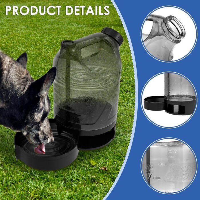 Водяна пляшка для собак об'ємом 2500 мл, портативна XXL велика, витокозахисна, для подорожей, парків, кемпінгу, походів (чорна)