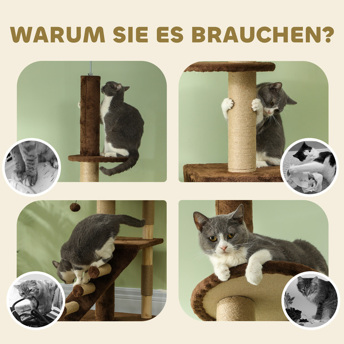 PawHut Cat Tree Стеля висока, Cat Tree, 225-265 см Кігтеточка для кішки з котячою печерою, дряпаючі стовбури, Play Ball, Меблі для кішок із захистом проти нахилу, коричневий | Аосом