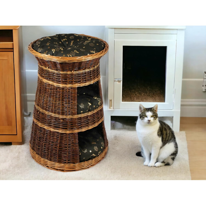 Корзина для котів для сну – котяча хатинка для дому – розмір 43 x 49 x 70 см, кругла – котяча хатинка з лози, трирівневе ліжко для собак або котів з пральним подушками в бежевому кольорі – лакована корзина (подушка темно-коричнева)