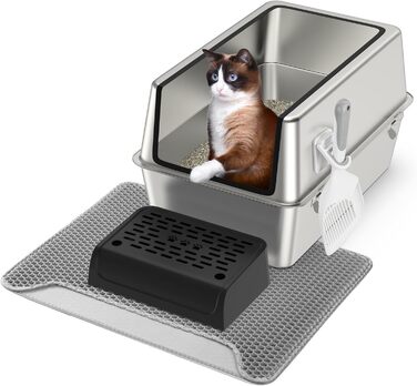 Котячий туалет з нержавіючої сталі з кришкою XXL, велика металева лоток для котів з високими бортами, з лопаткою, двошаровим килимком і педаллю