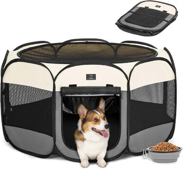 Клітка-загон для собак на 4 місця, великий розмір, портативна, з водонепроникним дном та блискавкою, для дому та вулиці, з мискою, темно-сірий та рожевий (M з мискою, темно-сірий та бежевий)