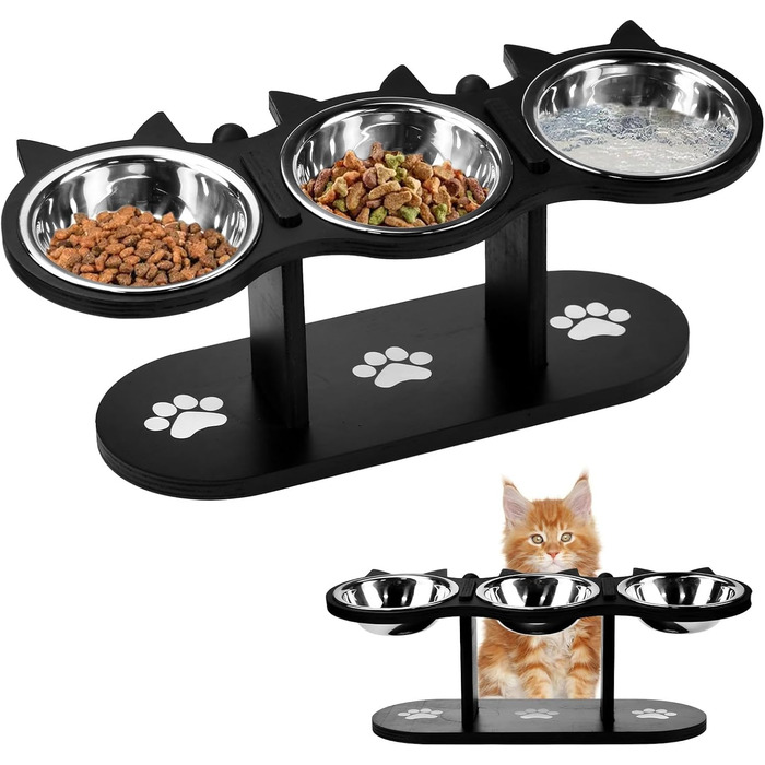 Набір мисок для котів 3 шт. з нержавіючої сталі, підняті миски для котів та маленьких собак, дерев'яна годівниця для котів, чорний колір