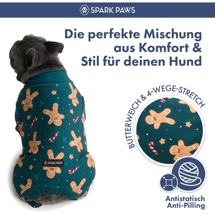 Піжама для собак Spark Paws, ультрам'яка, 4-стороння еластичність, післяопераційний одяг, сорочка-комбінезон для маленьких, середніх та великих собак - M (Gingerbread Man, XL: 10-16kg)
