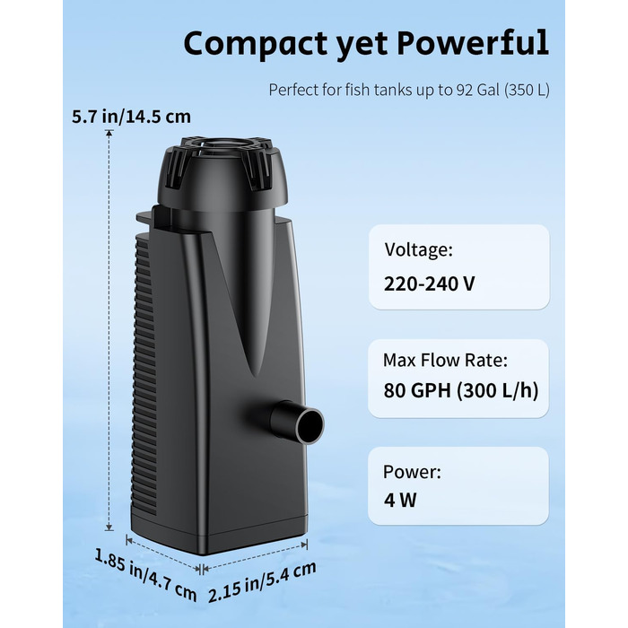 Скіммер для акваріума Pawfly 300 L/H 4W — поверхневий фільтр-насос для видалення масляної плівки та бруду (до 350 л), з біогубкою та присосками
