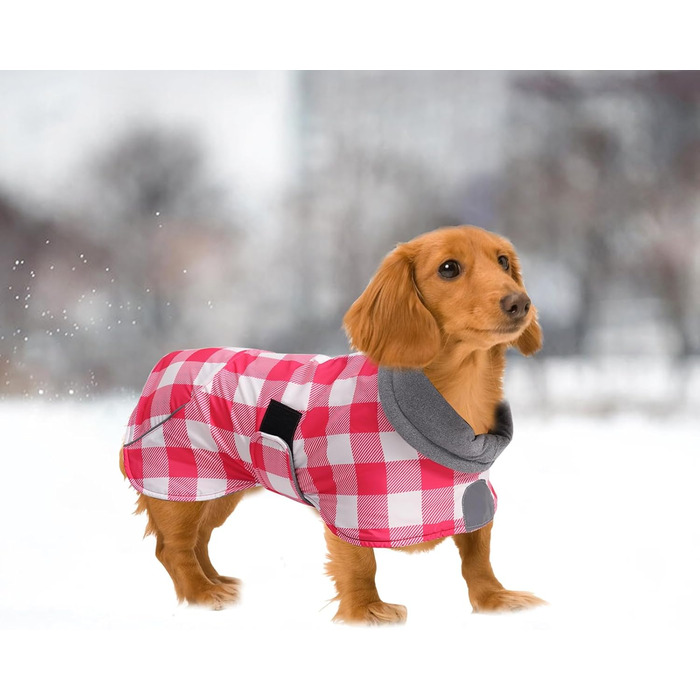 MOREZI Водонепроникна зимова куртка для собак, з флісовою підкладкою, для такс та інших порід, у клітинку рожевого кольору, з регульованим поясом та світловідбиваючими елементами, розмір XS (довжина спини 29-32 см)