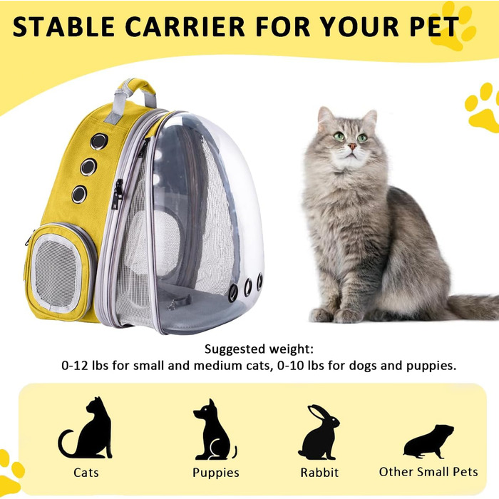 Розширюваний рюкзак для котів та собак, переноска-рюкзак з прозорим вікном та блискавкою, для подорожей та піших прогулянок (Жовтий)