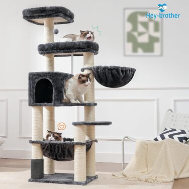 Кігтеточка XXL для мейн-куна, 168 см, з гамаком, сизаловим стовпом (φ11 см), коморою, корзиною, 2 платформами, EMPJ01M (димно-сірий)
