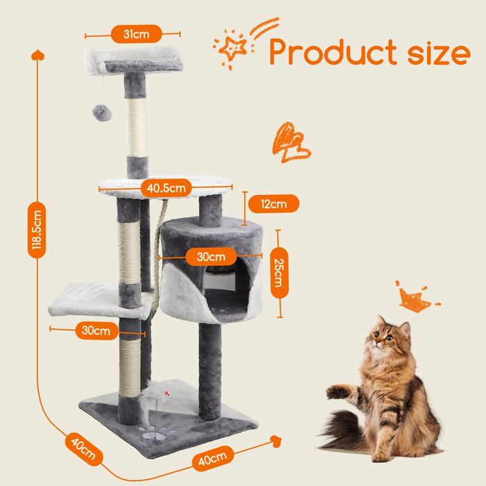 Котячий дряпак Nobleza 118,5 см, 3 платформи, 1 будиночок, помпон, іграшка, сірий