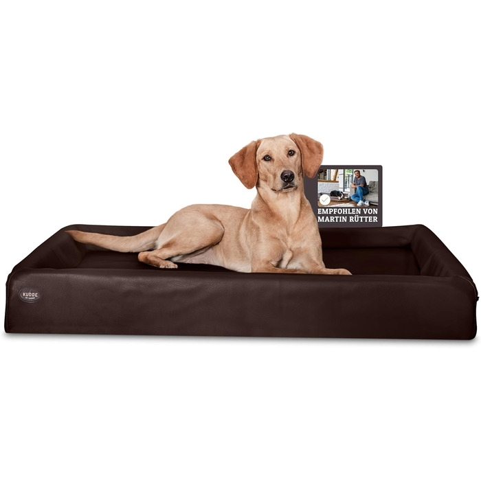 Ортопедичне ліжко для собак SABRO KUDDE Martin Rütter – високоякісне штучне шкіряне ліжко, зручне, миється, водовідштовхувальне, ергономічне, преміум аксесуар для собак середніх та великих порід, колір темно-коричневий L