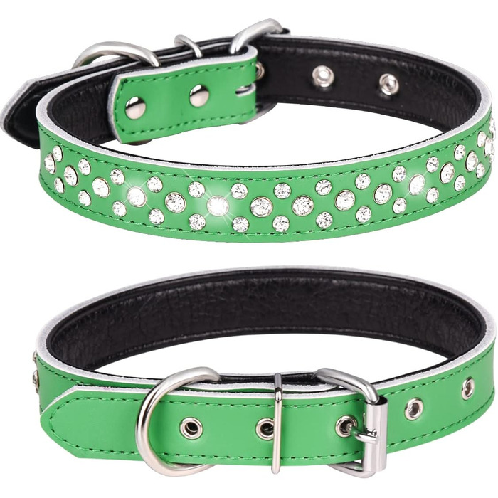 Блискуче собаче намисто Haoyueer з кристалами, регульоване, шкіряне, для собак середніх та малих порід (зелене)