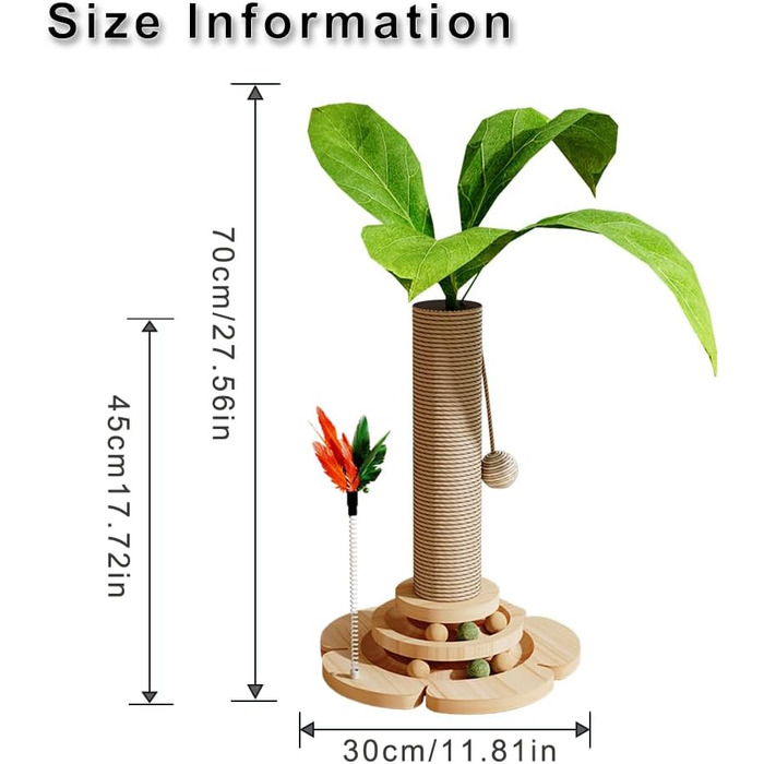 Кігтеточка для котів Marchul велика з м'якою плюшевою оббивкою та іграшкою-м'ячиком, 68 см, бежевий колір