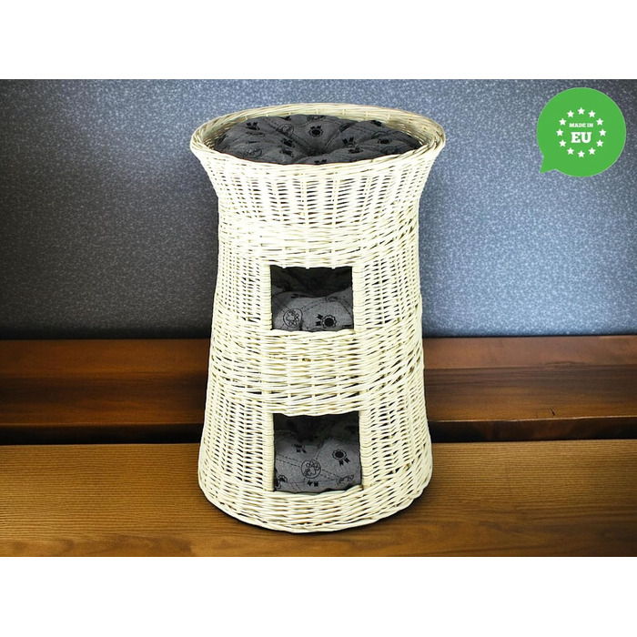 Кігтеточка-ліжко для котів: кругла хатинка, плетений будиночок з лози, триярусне ліжко для собак та котів, колір – білий, з сірим подушечком