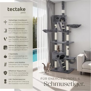 tectake Котячий кігтеточка-дерево XXL, регульована висота 243-260 см, з драбинкою, будиночком, трубою, лежанкою та сизалевими стовпчиками, сірий