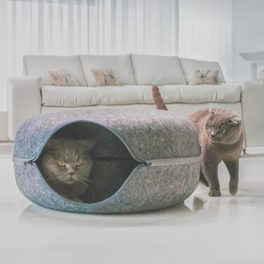 Котячий тунель-донат, лежанка та ігрова будка з міцного фетру 60x60x28 см, сіра, багатофункціональна для ігор, сну і дряпання