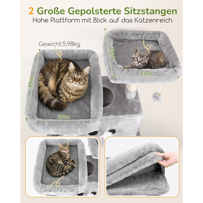 Комплекс для котів Globlazer XXL (204 см) для 3-5 великих котів, колір світло-сірий: будиночки, платформа, гамак, кошик, іграшки