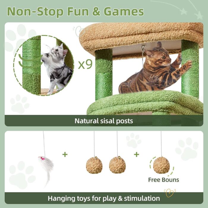 Когтеточка для котів Taoqimiao 180 см XXL, великий котячий комплекс для Maine Coon з будиночком, гамаком, великою платформою, 9 стійок для дряпання, кошиком, зелений
