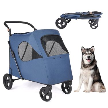 Трансформер для собак великих порід AESRAOU: візок-переноска з 4 колесами, регульована ручка, подвійна місткість, візок-джаггер з передніми дверцятами (Marine)