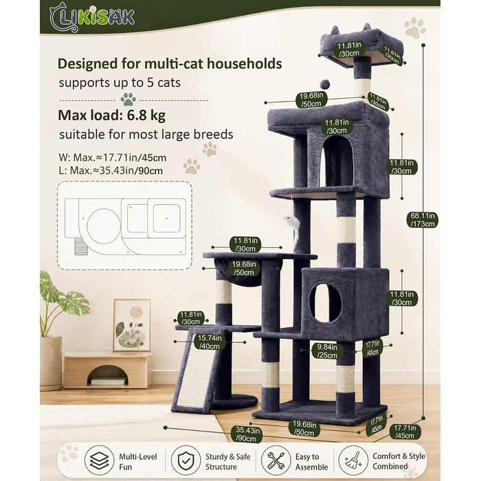 Комплекс для котів Kratzbaum XL 173 см, сірий: кігтеточка, будиночки, майданчики, кошик
