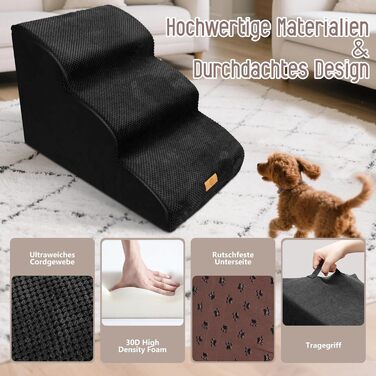 Сходинки для собак, 4 ступені, знімний поручень, неслизьке покриття, для ліжка та дивану, з високощільним губчастим наповнювачем (чорний)