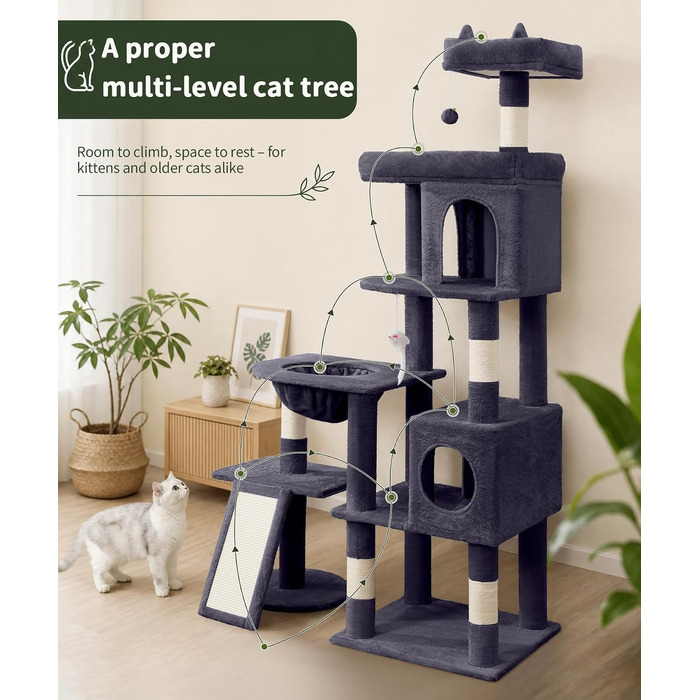 Комплекс для котів Kratzbaum XL 173 см, сірий: кігтеточка, будиночки, майданчики, кошик