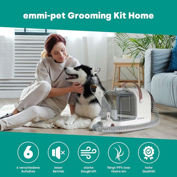 Набір для грумінгу Emmi-pet Grooming Kit Home – 6в1: машинка для стрижки собак, пилосос, тример, гребінець, 6 професійних насадок, 3 рівні всмоктування, догляд за собаками та котами, тихий мотор, контейнер 2.5л