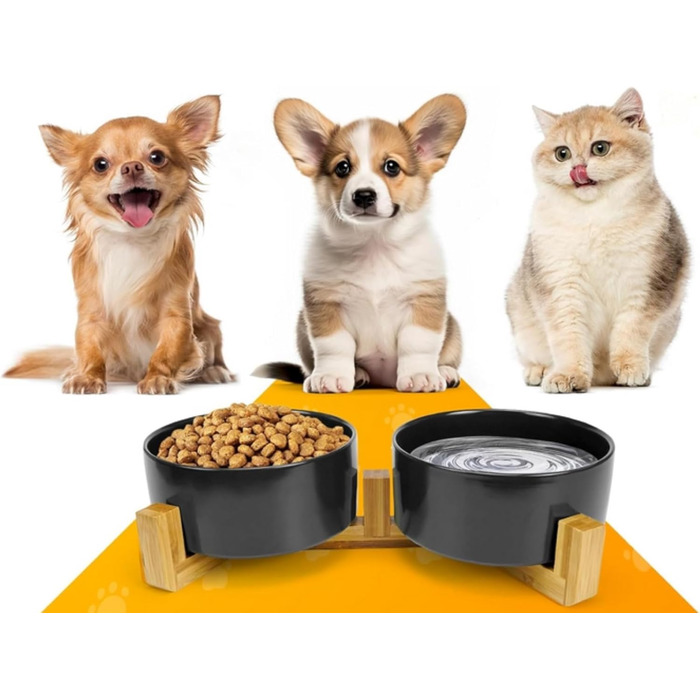Керамічна миска для собак та котів з бамбуковою підставкою 2 шт. 600 мл (Чорний)